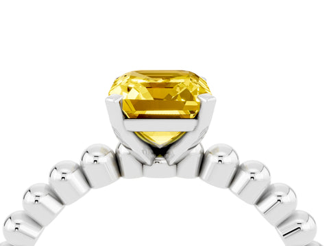 White gold Emerald Cut Yellow Sapphire Solitaire Ring with Beaded Band and Prong Setting_16