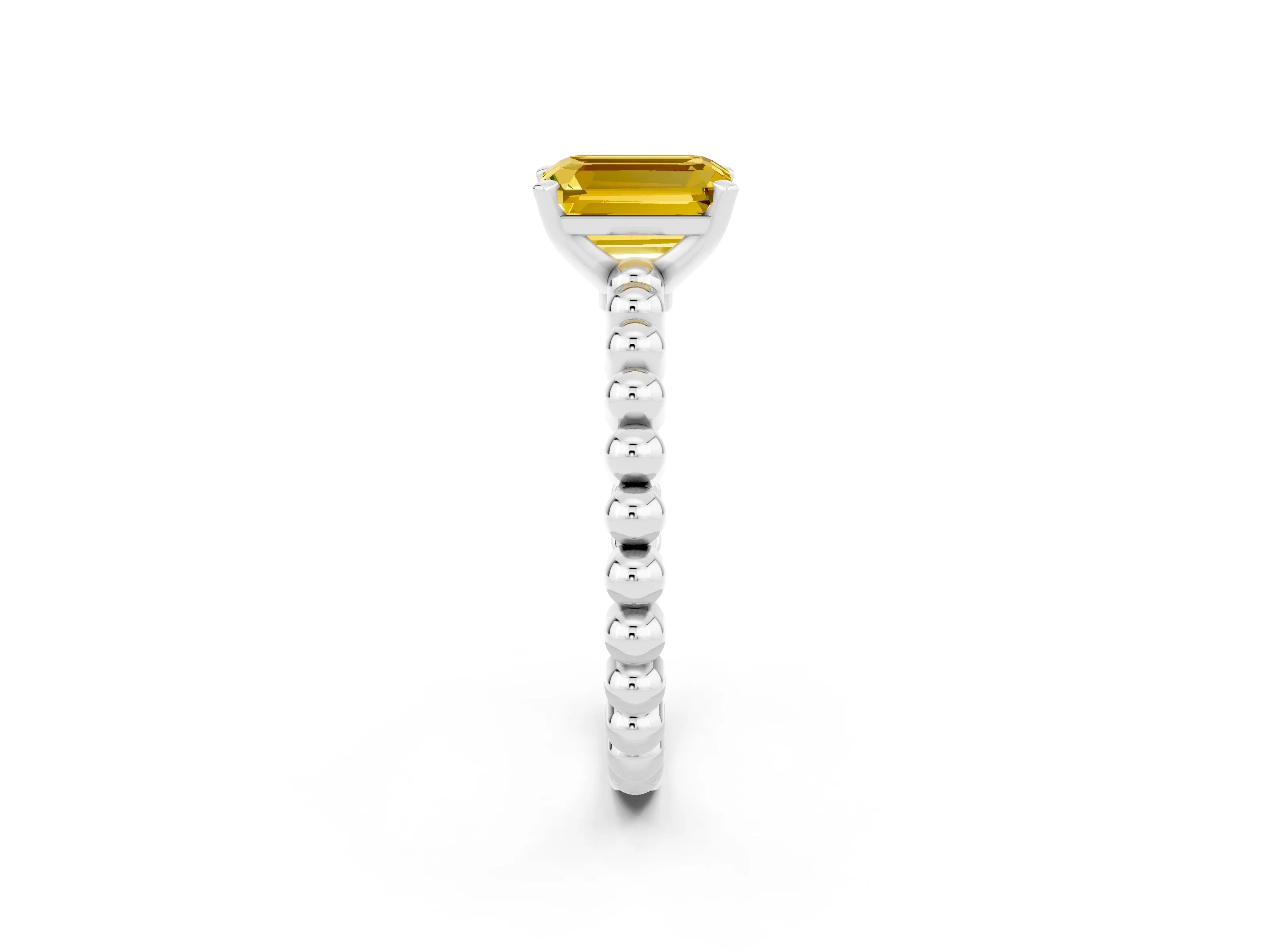 White gold Emerald Cut Yellow Sapphire Solitaire Ring with Beaded Band and Prong Setting_2