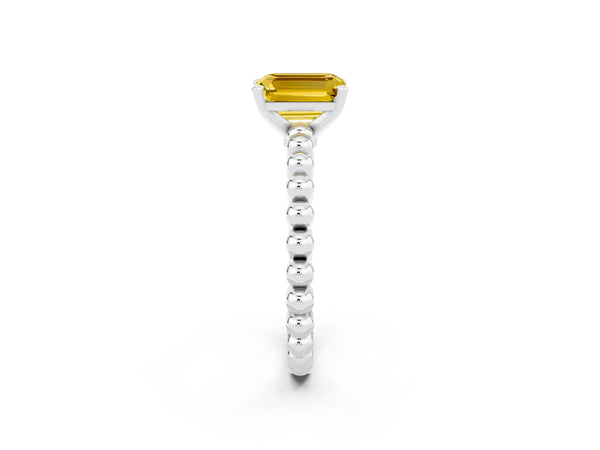 Platinum Emerald Cut Yellow Sapphire Solitaire Ring with Beaded Band and Prong Setting