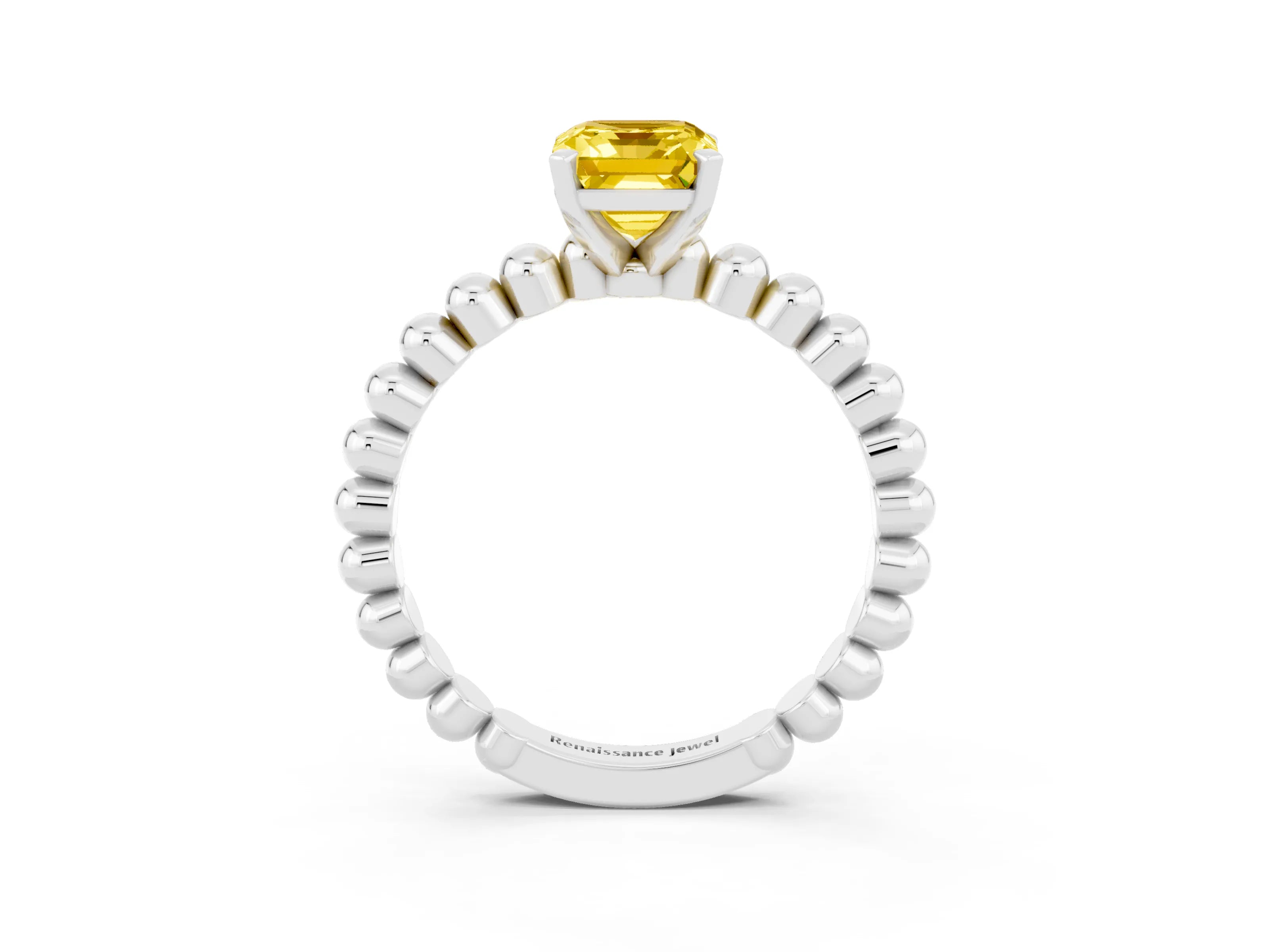 White gold Emerald Cut Yellow Sapphire Solitaire Ring with Beaded Band and Prong Setting_3
