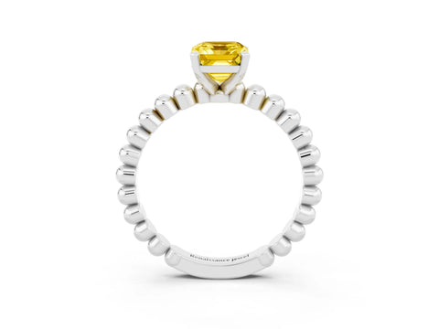 White gold Emerald Cut Yellow Sapphire Solitaire Ring with Beaded Band and Prong Setting_3