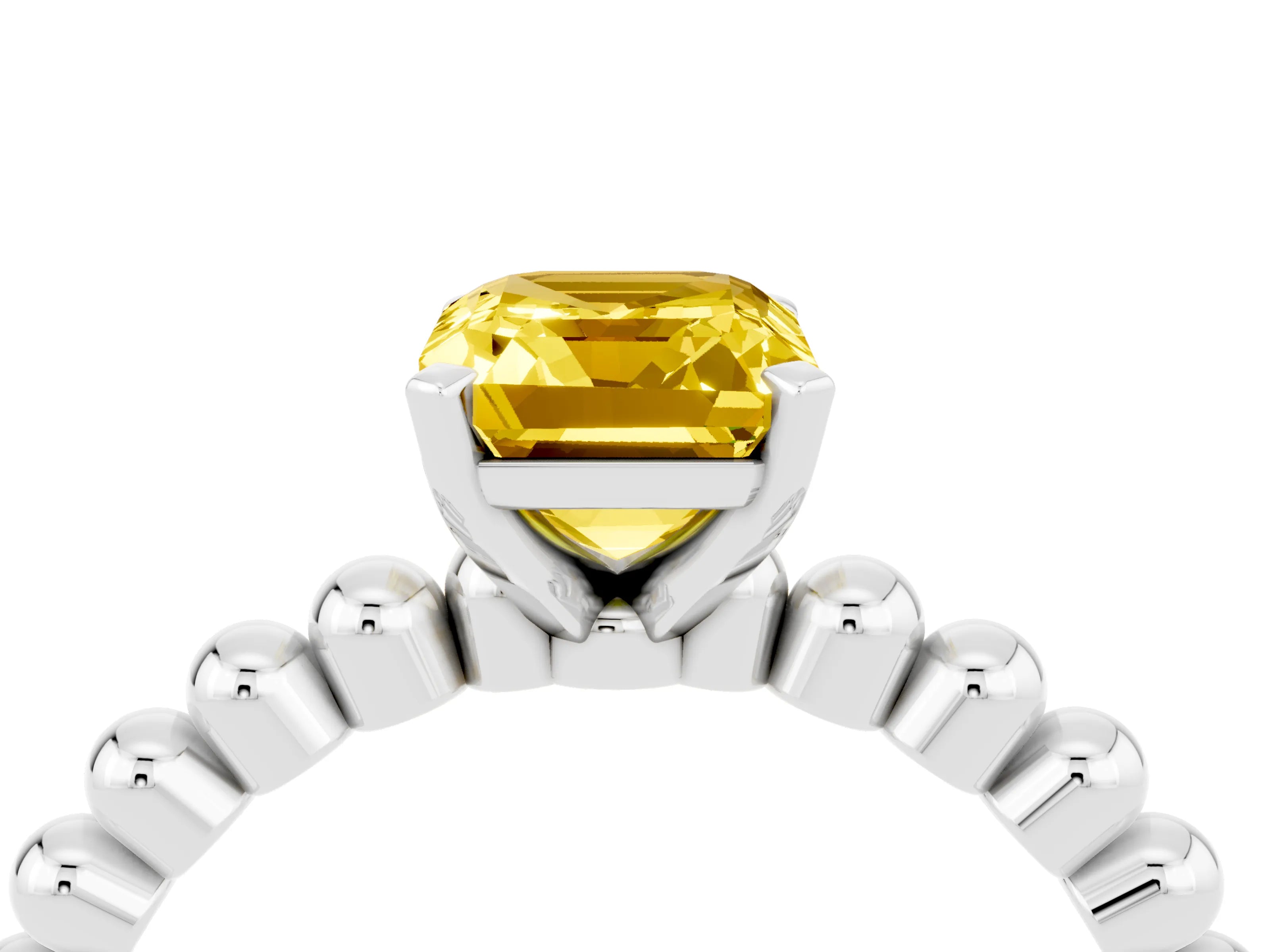 White gold Emerald Cut Yellow Sapphire Solitaire Ring with Beaded Band and Prong Setting_4