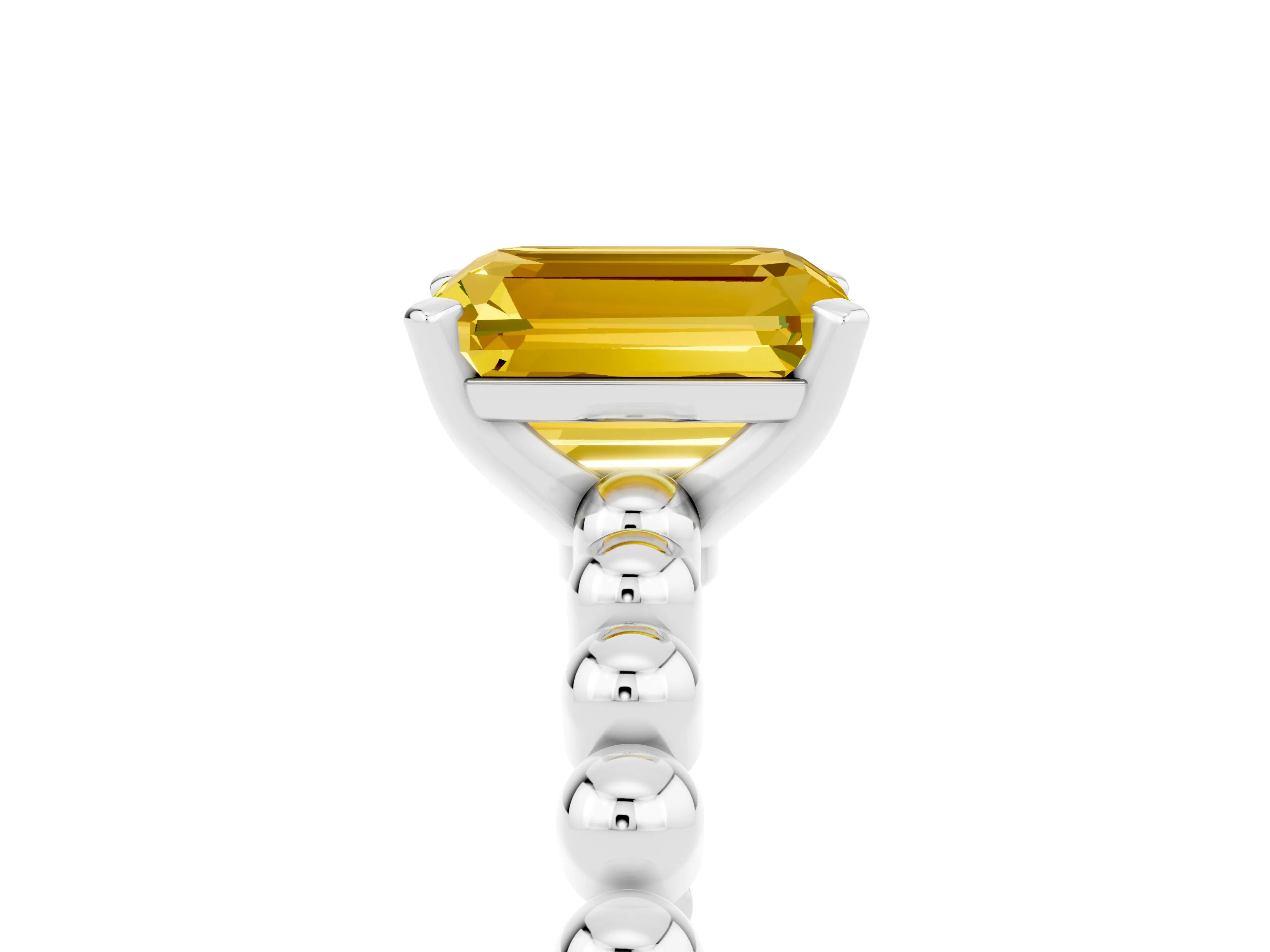 White gold Emerald Cut Yellow Sapphire Solitaire Ring with Beaded Band and Prong Setting_5