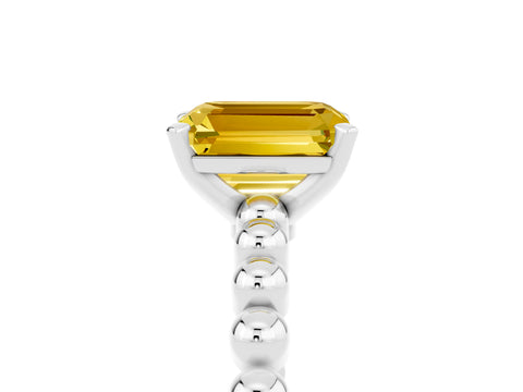 White gold Emerald Cut Yellow Sapphire Solitaire Ring with Beaded Band and Prong Setting_5