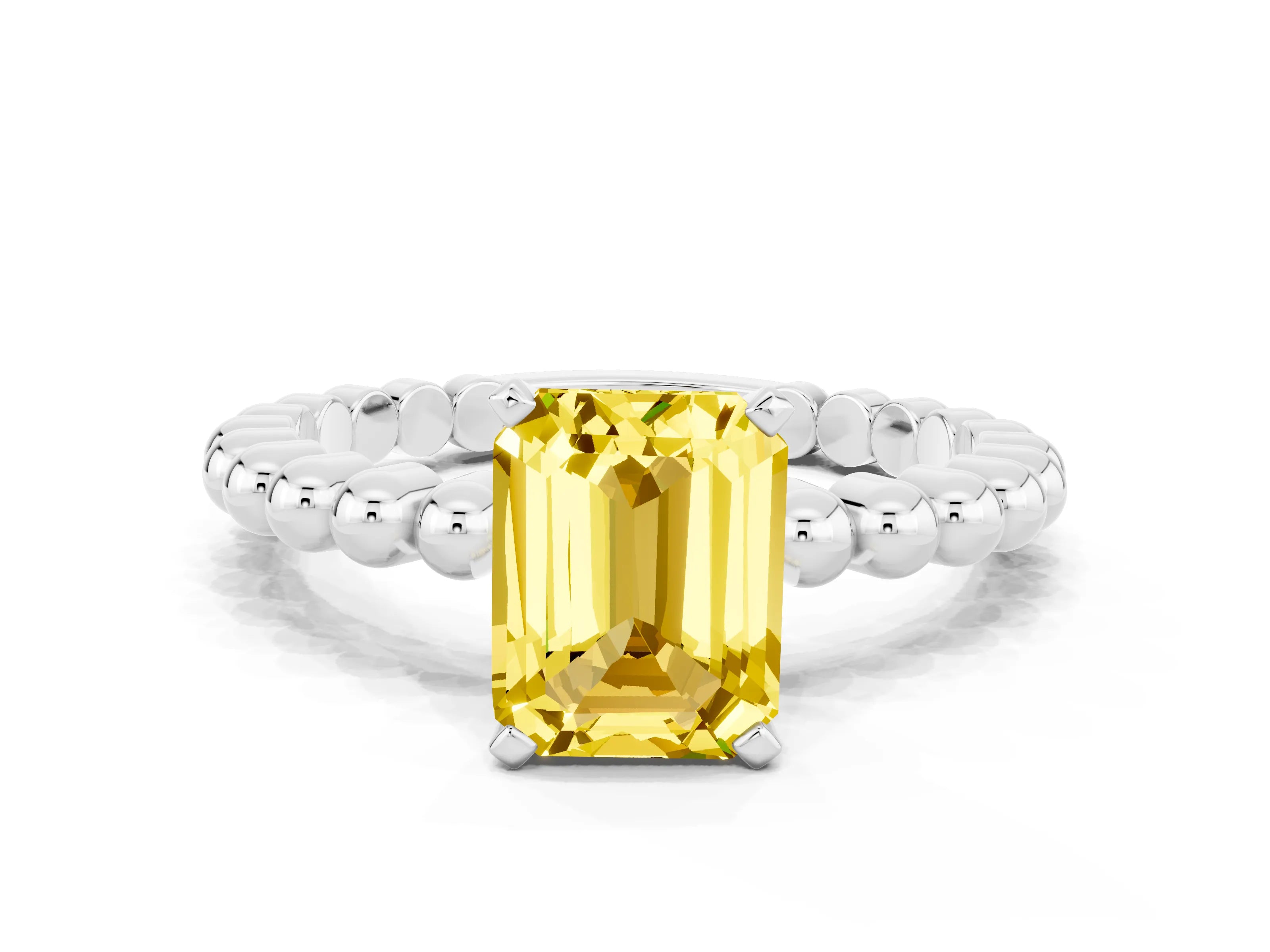 White gold Emerald Cut Yellow Sapphire Solitaire Ring with Beaded Band and Prong Setting