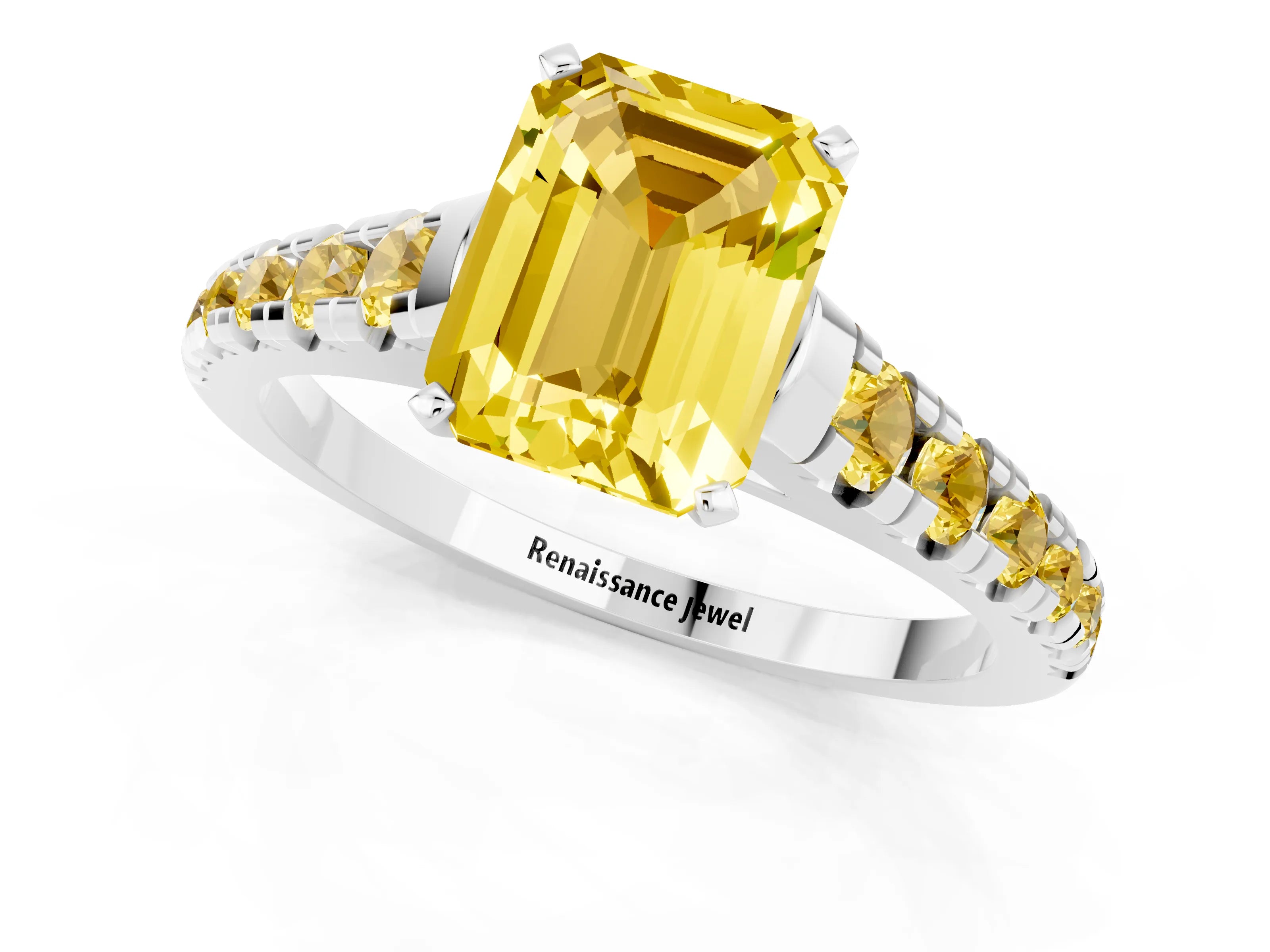 White gold Emerald Cut Yellow Sapphire Solitaire Ring with Cathedral Setting and Pavé Band_1