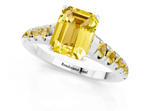 White gold Emerald Cut Yellow Sapphire Solitaire Ring with Cathedral Setting and Pavé Band_1