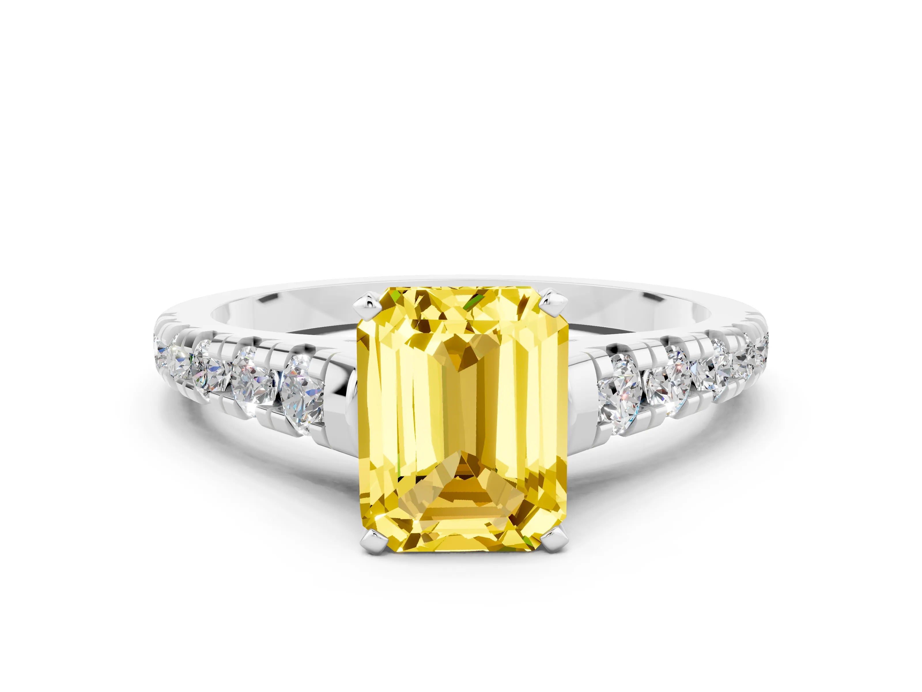 White gold Emerald Cut Yellow Sapphire Solitaire Ring with Cathedral Setting and Pavé Band_24