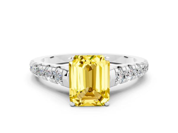 Platinum Emerald Cut Yellow Sapphire Cathedral Solitaire Ring with Round  Pavé Band