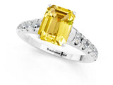 White gold Emerald Cut Yellow Sapphire Solitaire Ring with Cathedral Setting and Pavé Band_25