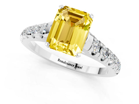 White gold Emerald Cut Yellow Sapphire Solitaire Ring with Cathedral Setting and Pavé Band_25