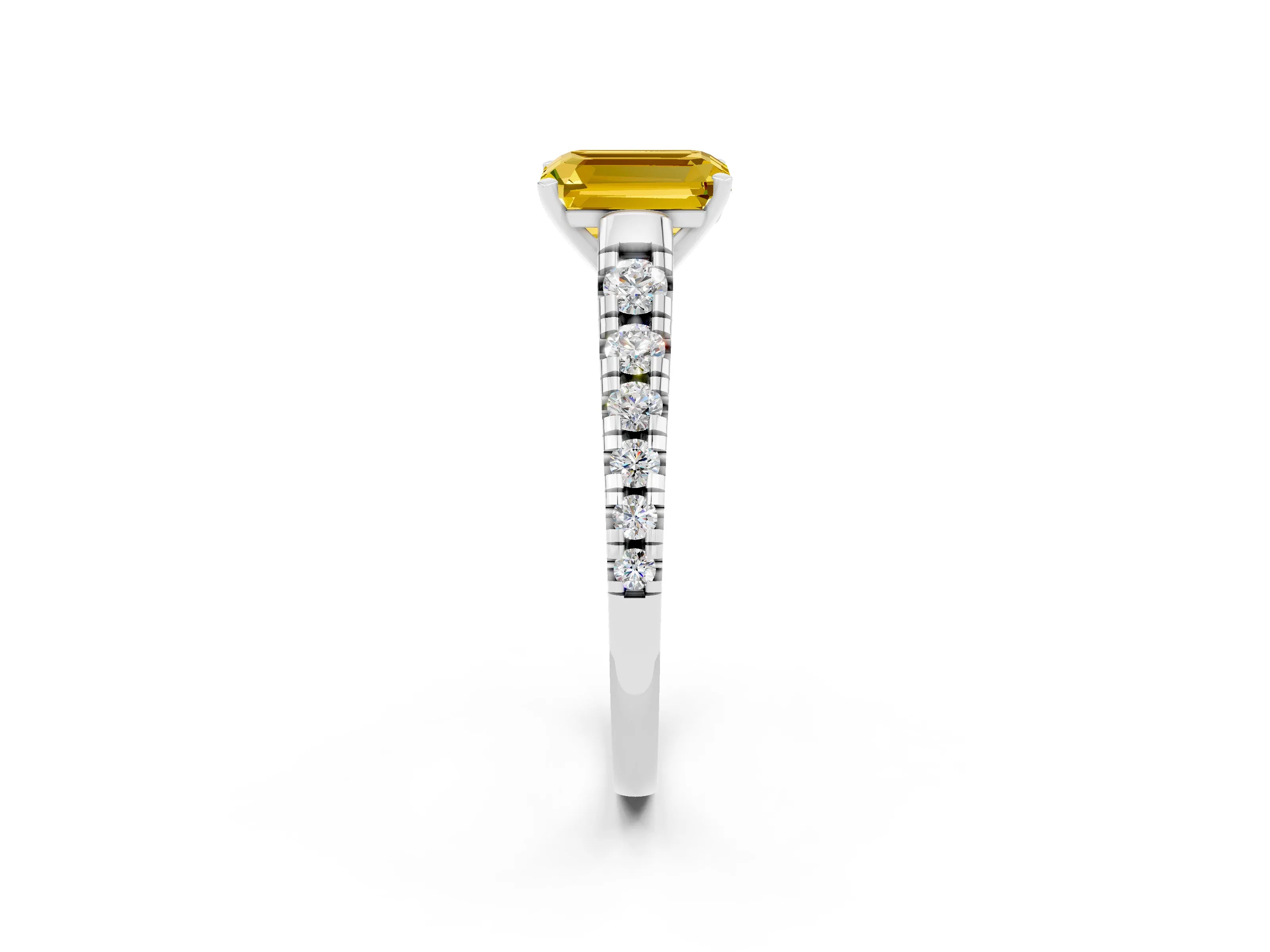 White gold Emerald Cut Yellow Sapphire Solitaire Ring with Cathedral Setting and Pavé Band_26