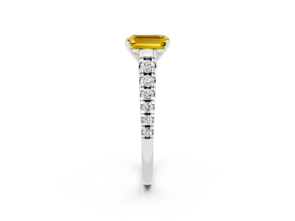 White gold Emerald Cut Yellow Sapphire Cathedral Solitaire Ring with Round  Pavé Band
