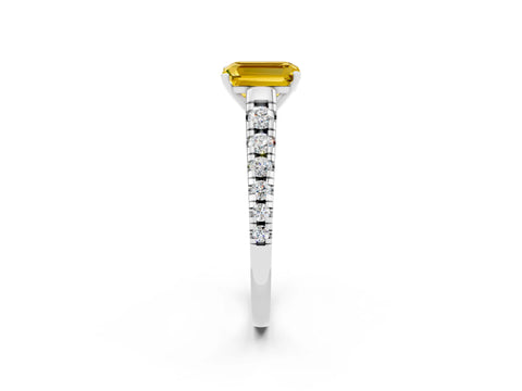 White gold Emerald Cut Yellow Sapphire Solitaire Ring with Cathedral Setting and Pavé Band_26