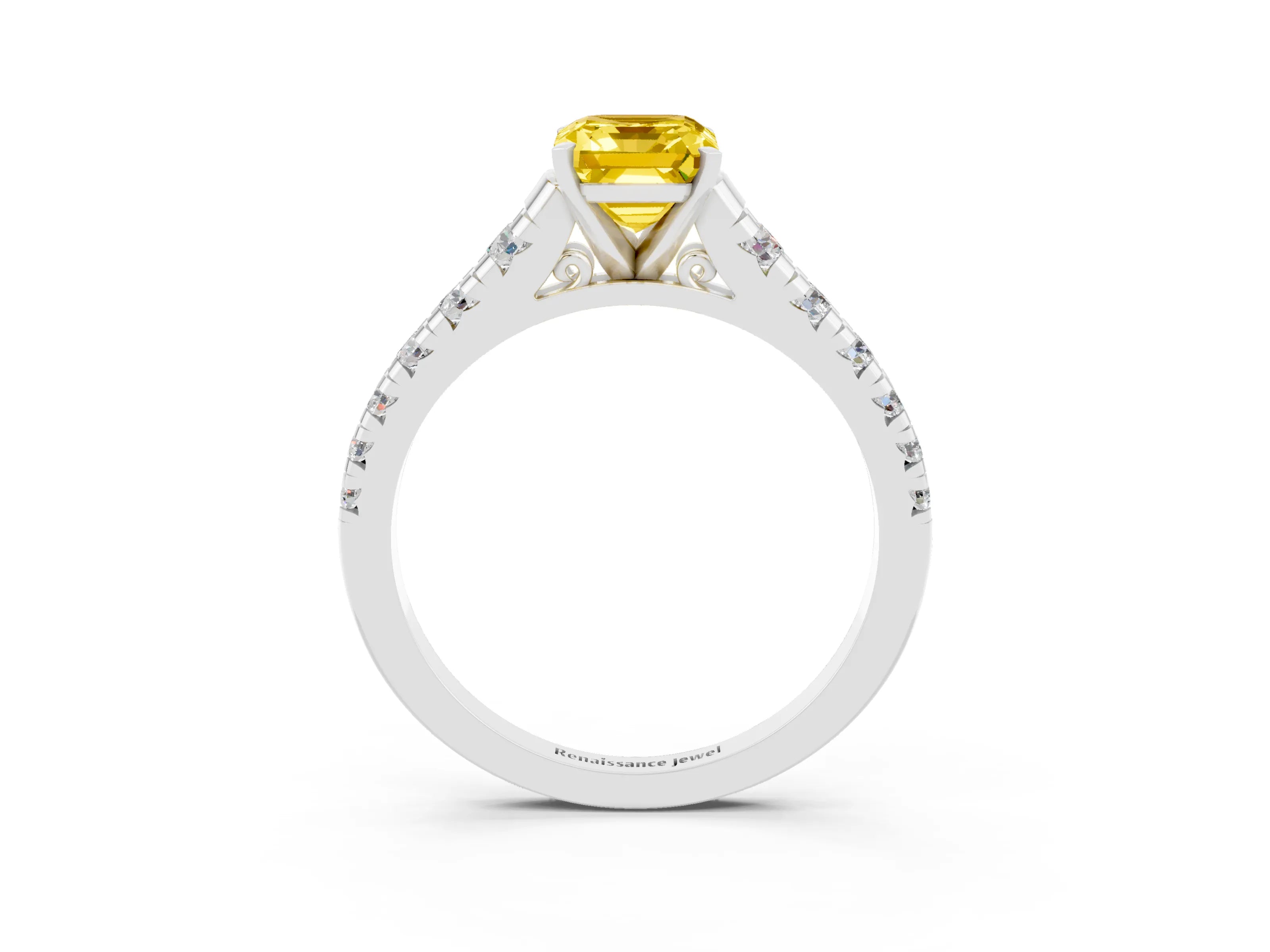 White gold Emerald Cut Yellow Sapphire Solitaire Ring with Cathedral Setting and Pavé Band_27