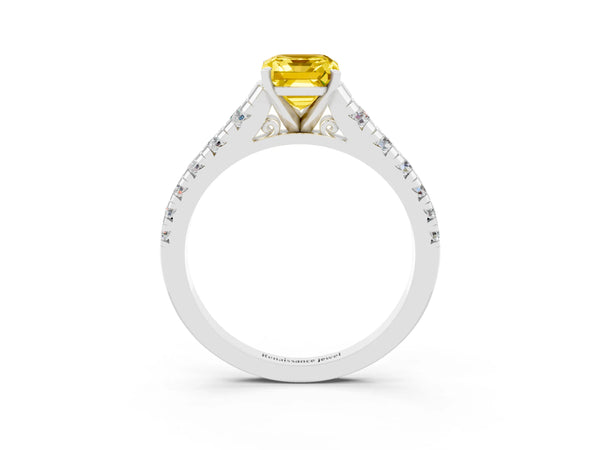 Platinum Emerald Cut Yellow Sapphire Cathedral Solitaire Ring with Round  Pavé Band