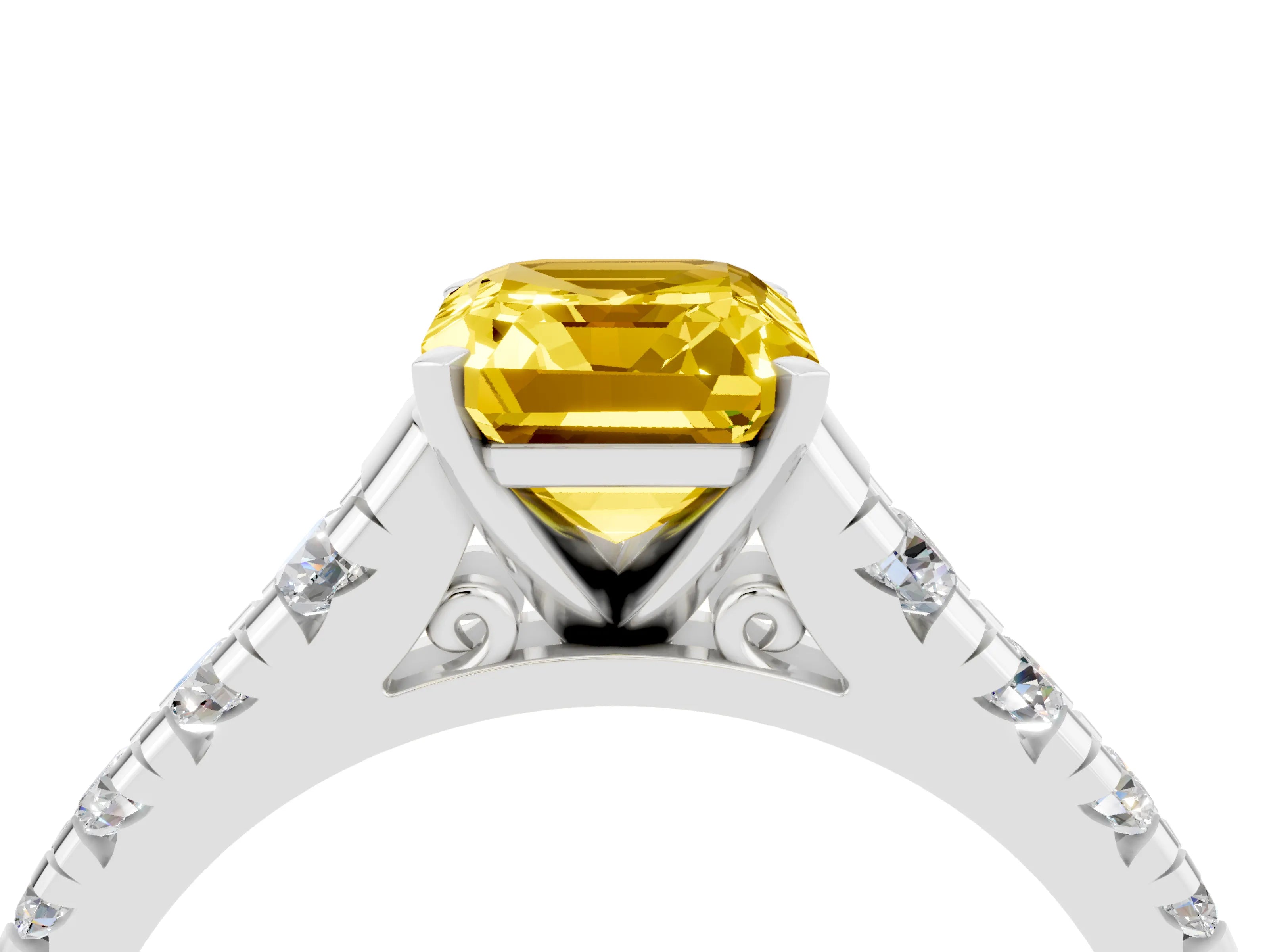 White gold Emerald Cut Yellow Sapphire Solitaire Ring with Cathedral Setting and Pavé Band_28