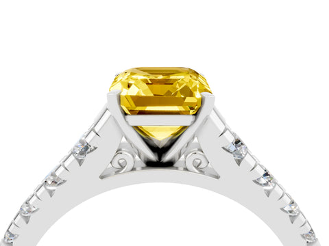 White gold Emerald Cut Yellow Sapphire Solitaire Ring with Cathedral Setting and Pavé Band_28
