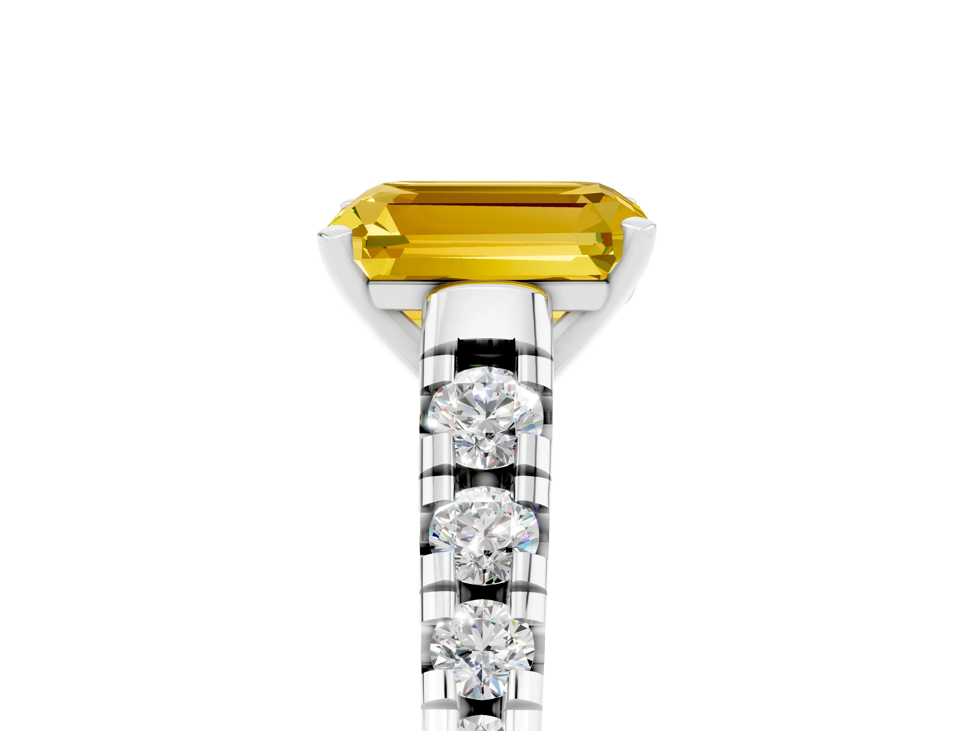 White gold Emerald Cut Yellow Sapphire Solitaire Ring with Cathedral Setting and Pavé Band_29