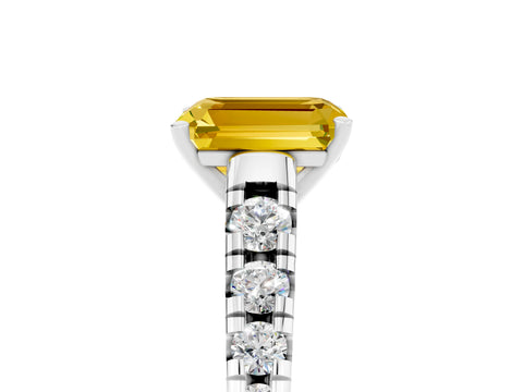 White gold Emerald Cut Yellow Sapphire Solitaire Ring with Cathedral Setting and Pavé Band_29