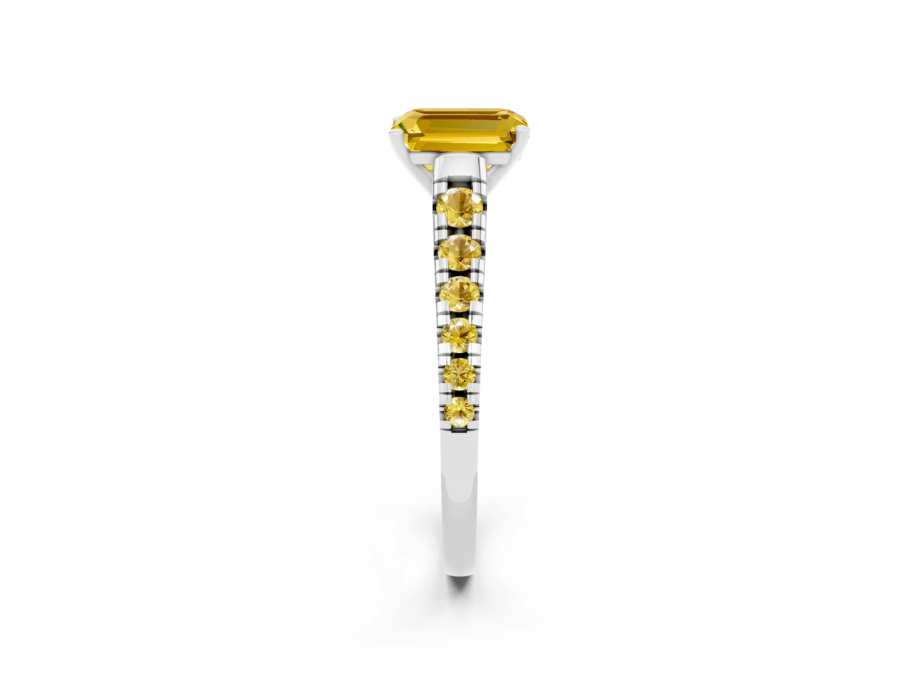 White gold Emerald Cut Yellow Sapphire Solitaire Ring with Cathedral Setting and Pavé Band_2