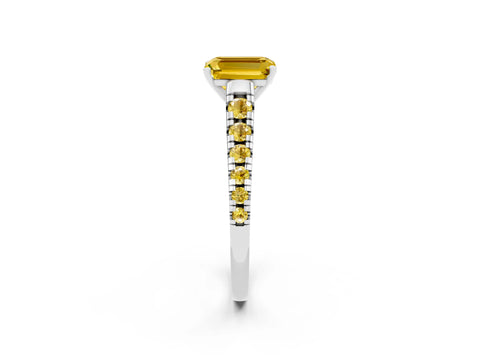 White gold Emerald Cut Yellow Sapphire Solitaire Ring with Cathedral Setting and Pavé Band_2