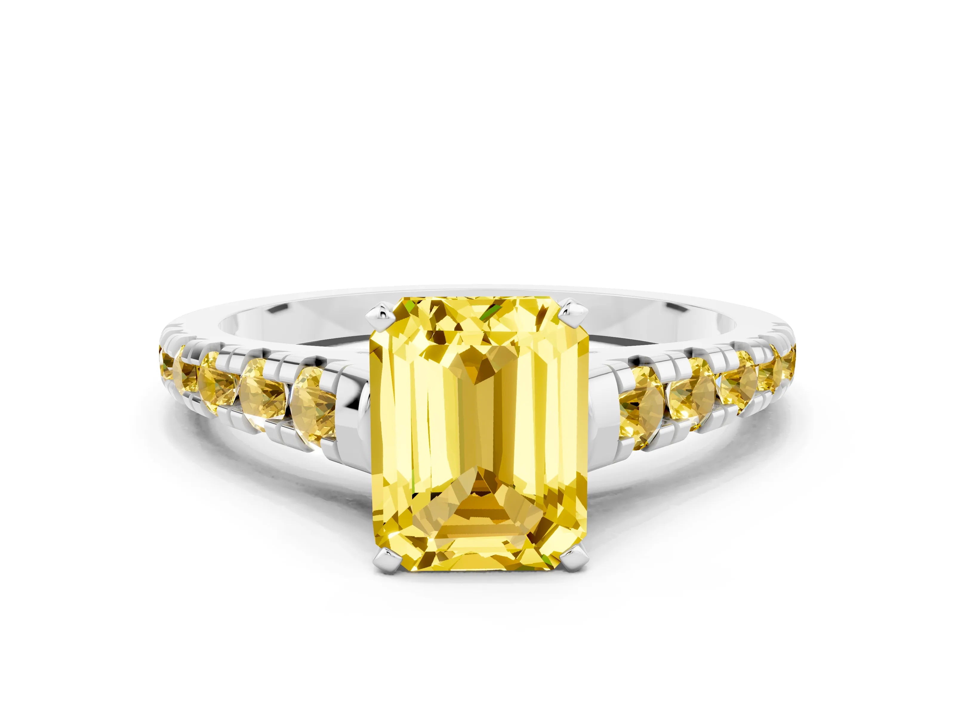 White gold Emerald Cut Yellow Sapphire Solitaire Ring with Cathedral Setting and Pavé Band
