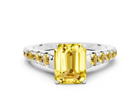 White gold Emerald Cut Yellow Sapphire Solitaire Ring with Cathedral Setting and Pavé Band