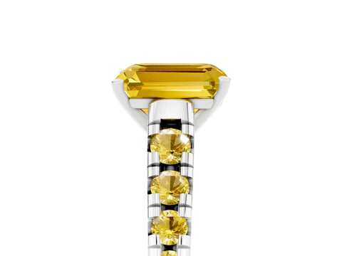 White gold Emerald Cut Yellow Sapphire Solitaire Ring with Cathedral Setting and Pavé Band_5