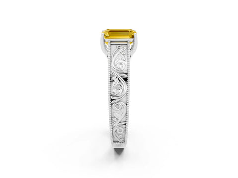 White gold Emerald Cut Yellow Sapphire Solitaire Ring with Engraved Band and Four-Prong Setting_2