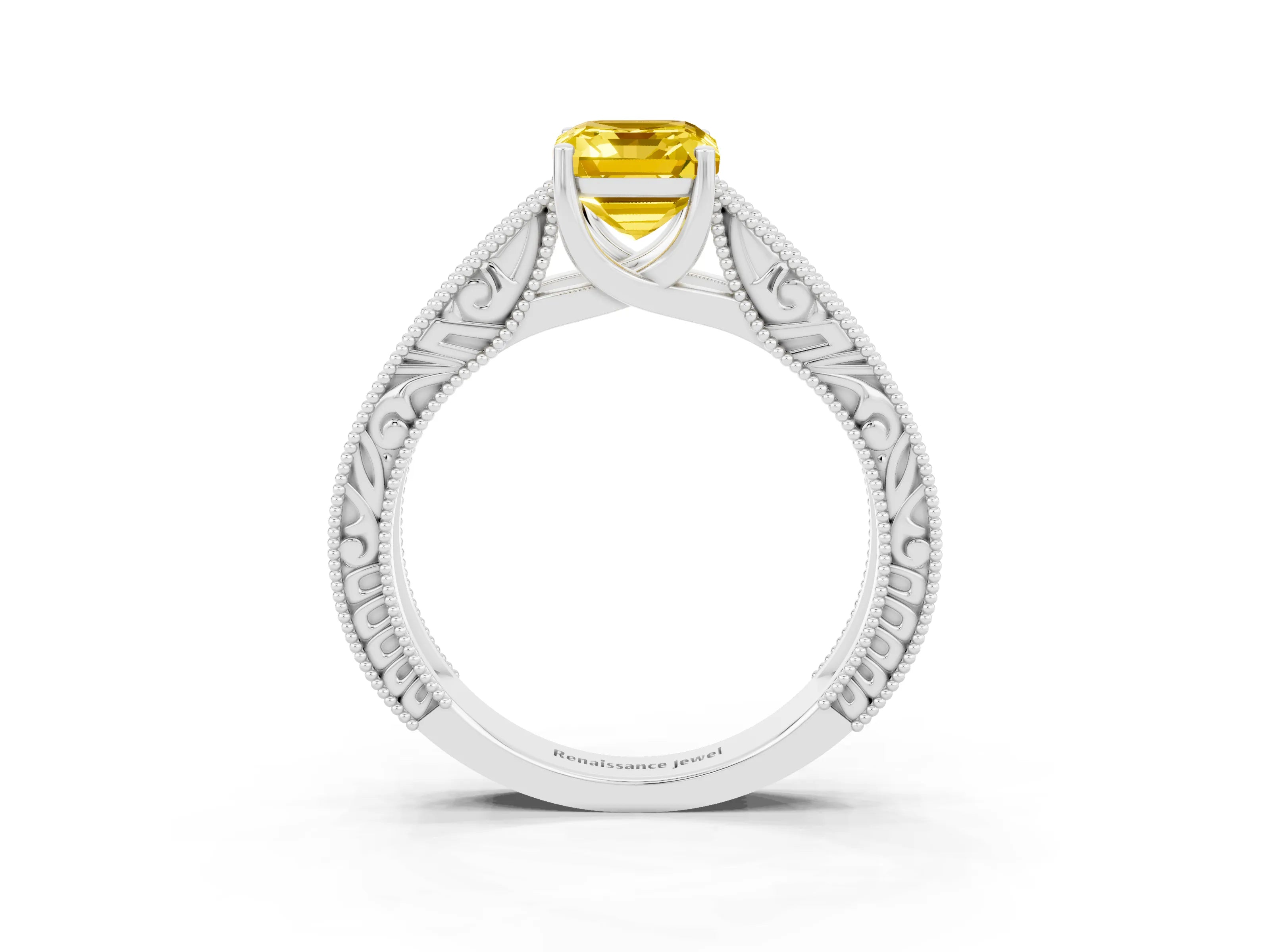 White gold Emerald Cut Yellow Sapphire Solitaire Ring with Engraved Band and Four-Prong Setting_3