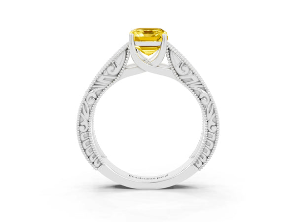Platinum Emerald Cut Yellow Sapphire Solitaire Ring with Engraved Band and Four-Prong Setting