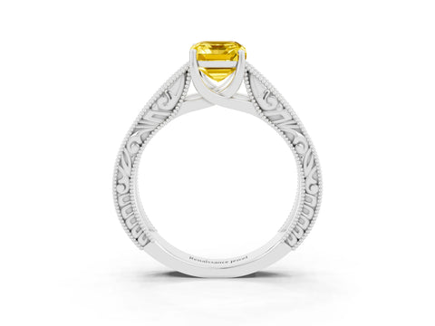 White gold Emerald Cut Yellow Sapphire Solitaire Ring with Engraved Band and Four-Prong Setting_3