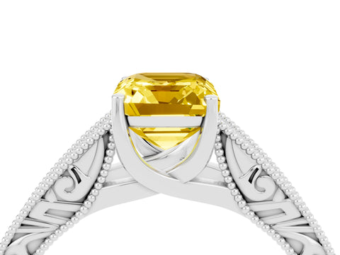White gold Emerald Cut Yellow Sapphire Solitaire Ring with Engraved Band and Four-Prong Setting_4