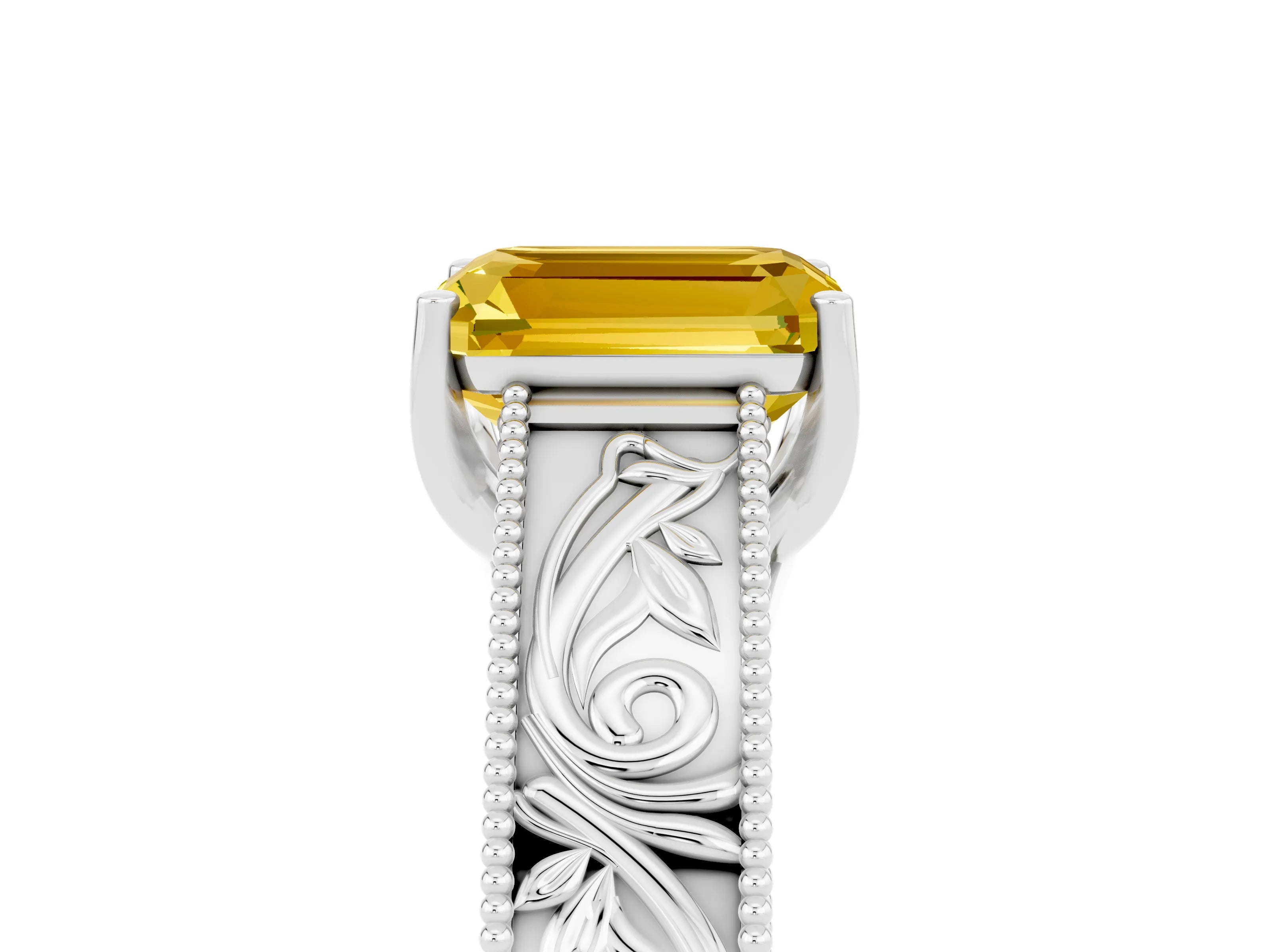 White gold Emerald Cut Yellow Sapphire Solitaire Ring with Engraved Band and Four-Prong Setting_5