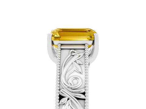 White gold Emerald Cut Yellow Sapphire Solitaire Ring with Engraved Band and Four-Prong Setting_5