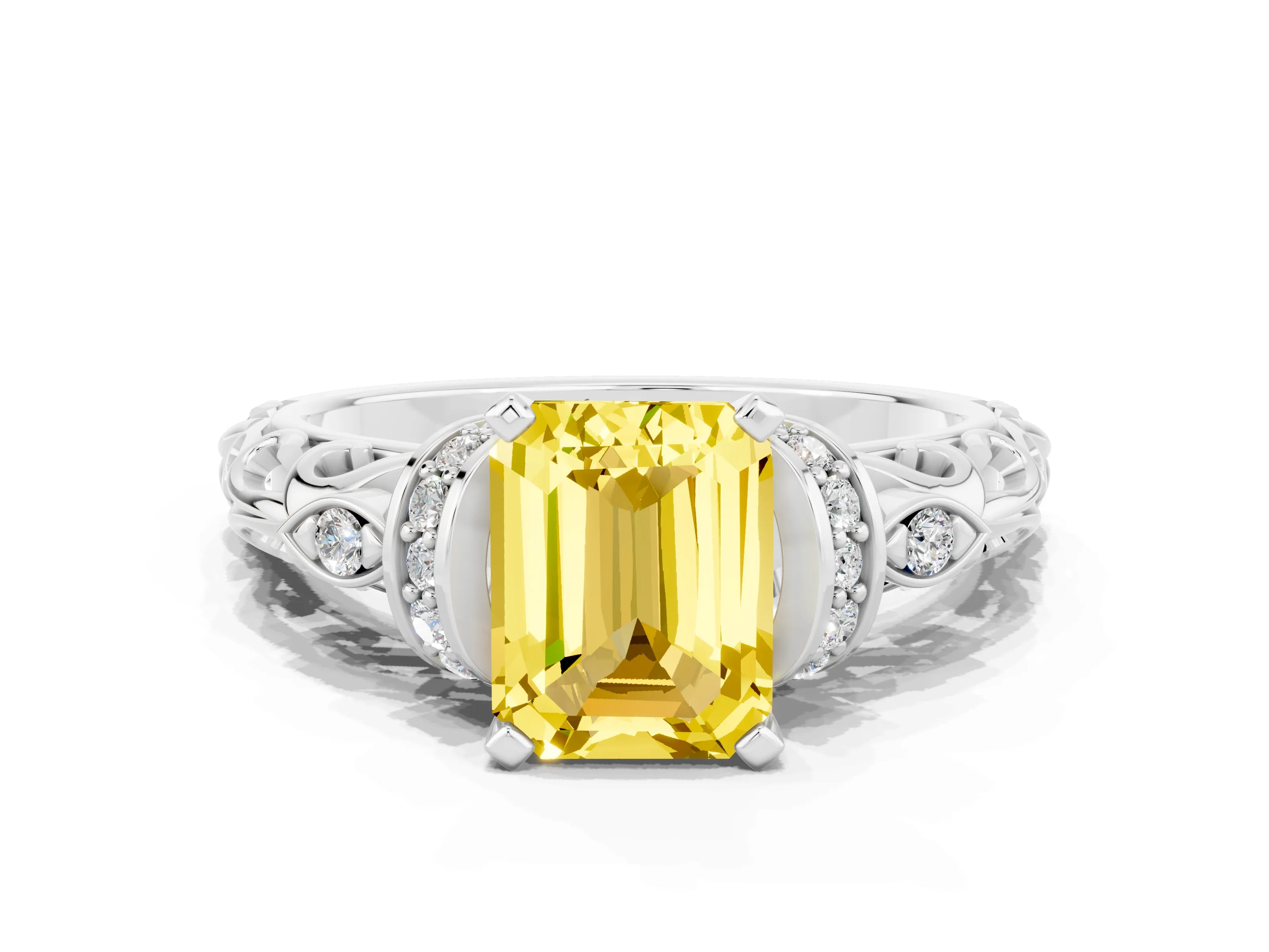 White gold Emerald Cut Yellow Sapphire Solitaire Ring with Filigree Band and Four-Prong Setting_48