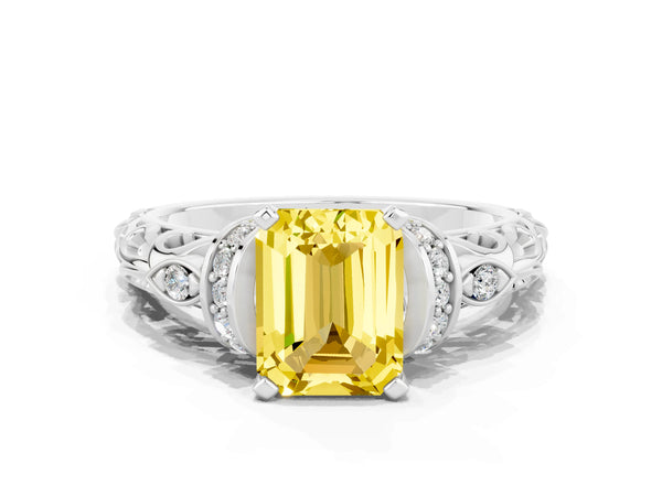 Silver Emerald Cut Yellow Sapphire Solitaire Ring with Filigree Band and Four-Prong Setting