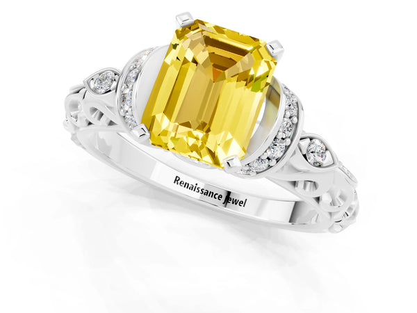 Platinum Emerald Cut Yellow Sapphire Solitaire Ring with Filigree Band and Four-Prong Setting