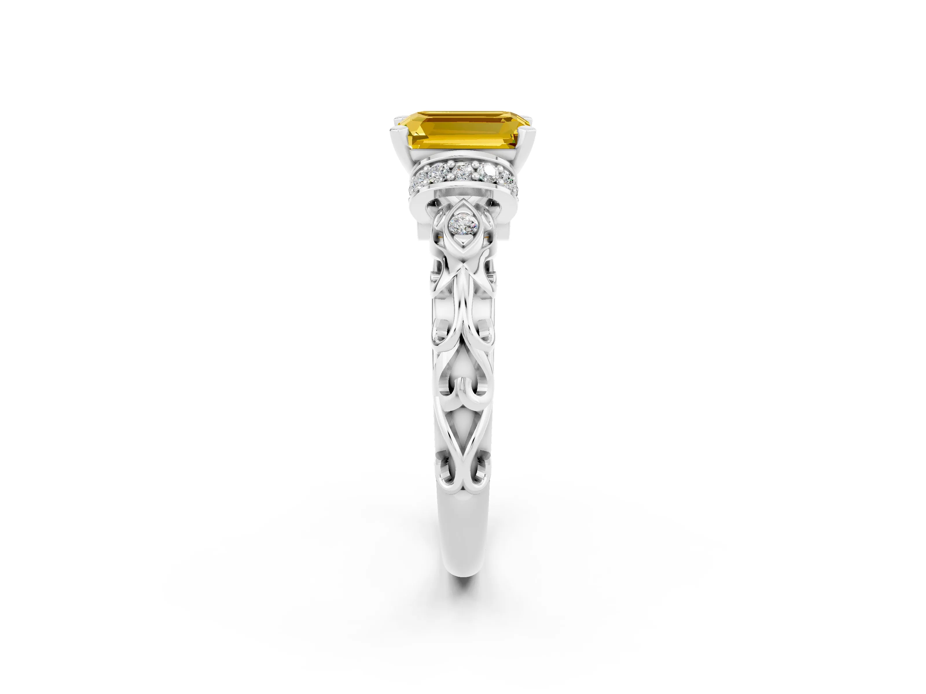 White gold Emerald Cut Yellow Sapphire Solitaire Ring with Filigree Band and Four-Prong Setting_50