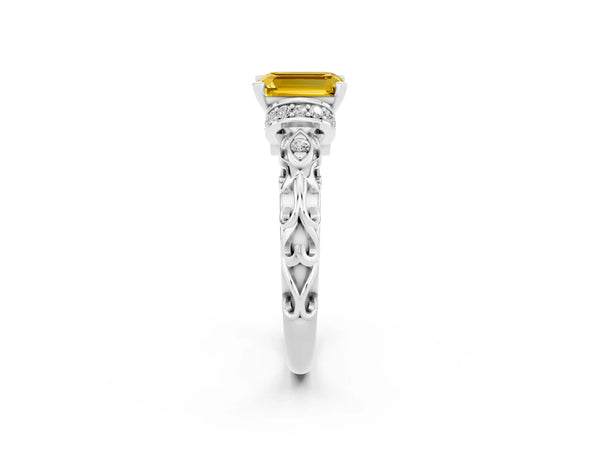 Platinum Emerald Cut Yellow Sapphire Solitaire Ring with Filigree Band and Four-Prong Setting