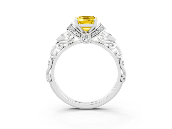 Silver Emerald Cut Yellow Sapphire Solitaire Ring with Filigree Band and Four-Prong Setting