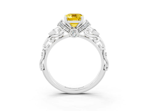 White gold Emerald Cut Yellow Sapphire Solitaire Ring with Filigree Band and Four-Prong Setting_51