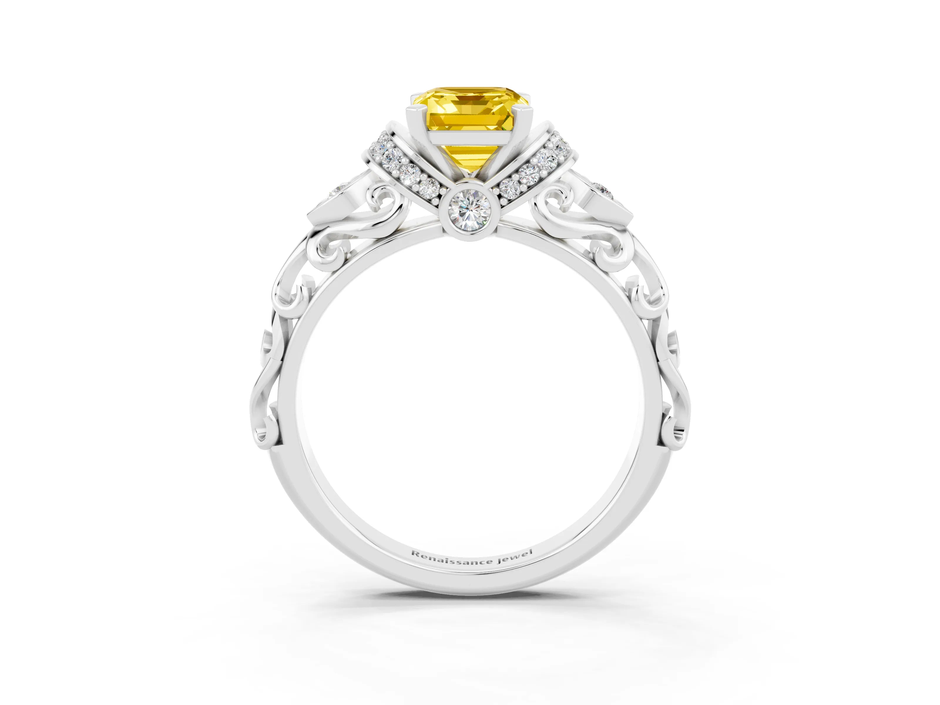 White gold Emerald Cut Yellow Sapphire Solitaire Ring with Filigree Band and Four-Prong Setting_51