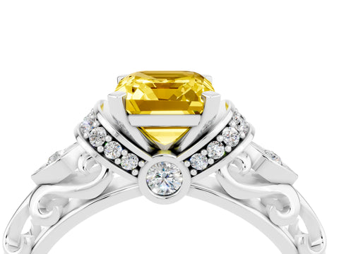 White gold Emerald Cut Yellow Sapphire Solitaire Ring with Filigree Band and Four-Prong Setting_52