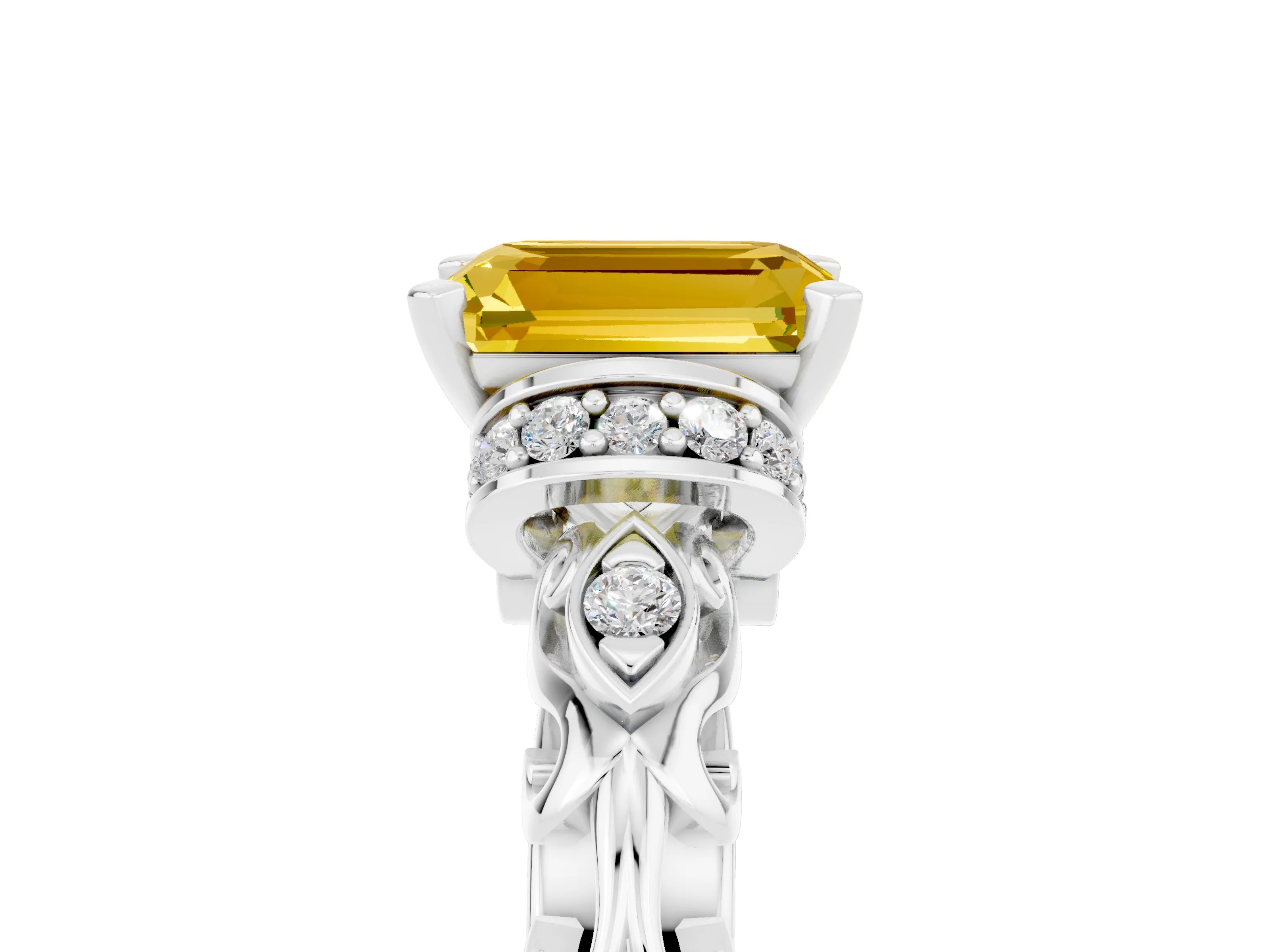 White gold Emerald Cut Yellow Sapphire Solitaire Ring with Filigree Band and Four-Prong Setting_53