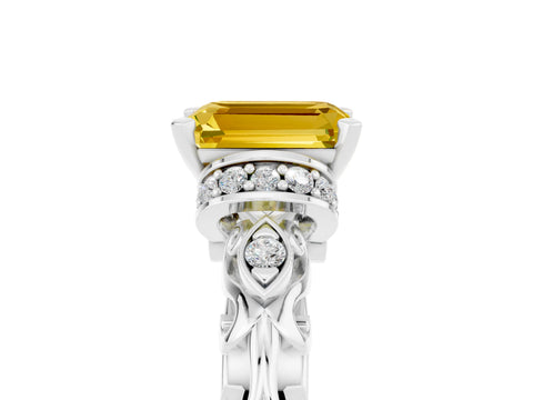 White gold Emerald Cut Yellow Sapphire Solitaire Ring with Filigree Band and Four-Prong Setting_53