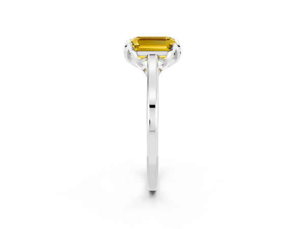White gold Emerald Cut Yellow Sapphire Solitaire Ring with Flower Prong Setting and Classic Band