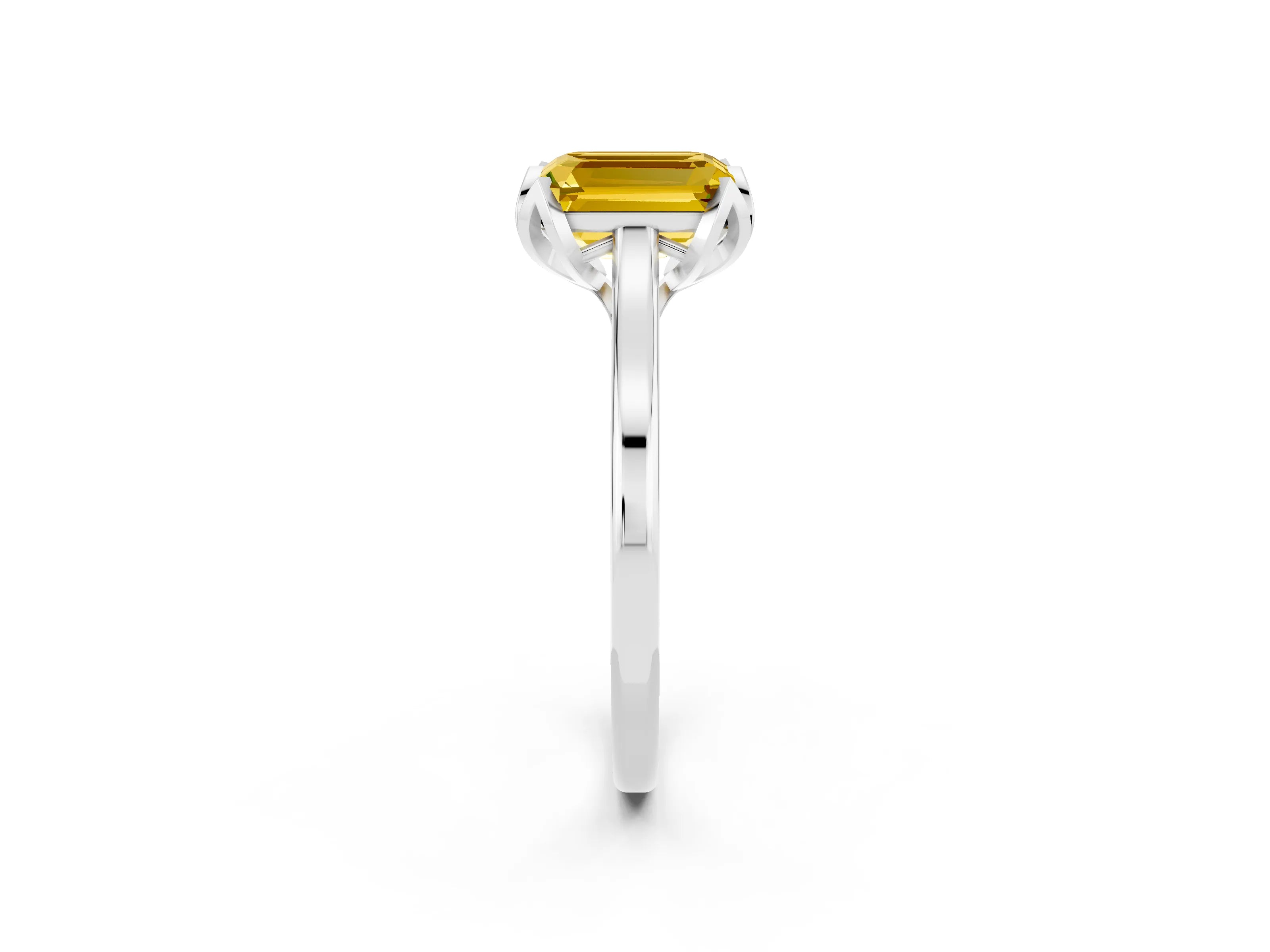 White gold Emerald Cut Yellow Sapphire Solitaire Ring with Flower Prong Setting and Classic Band_14