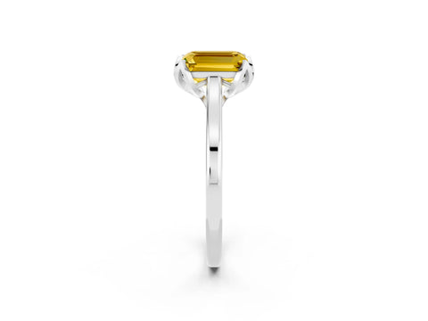 White gold Emerald Cut Yellow Sapphire Solitaire Ring with Flower Prong Setting and Classic Band_14